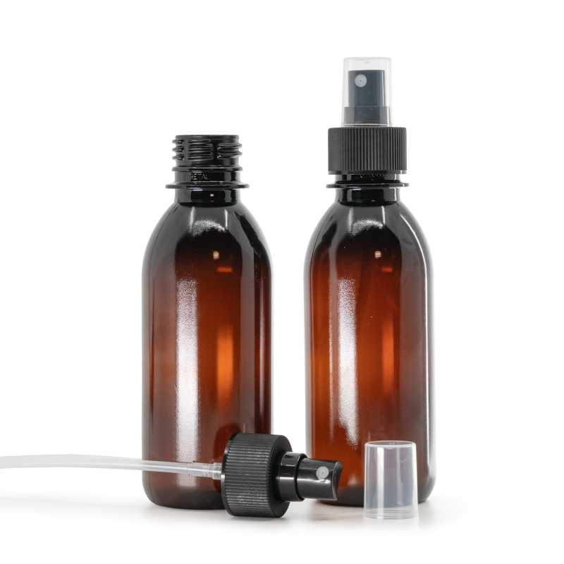 Barna műanyag palack 28/410, fekete finompermetes szórófej, bordázott gyűrű, 200 ml