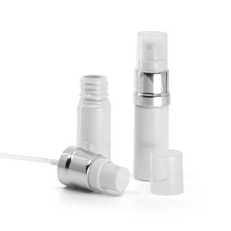 Fehér műanyag flakon fehér-ezüst permetezőfejjel, 10 ml