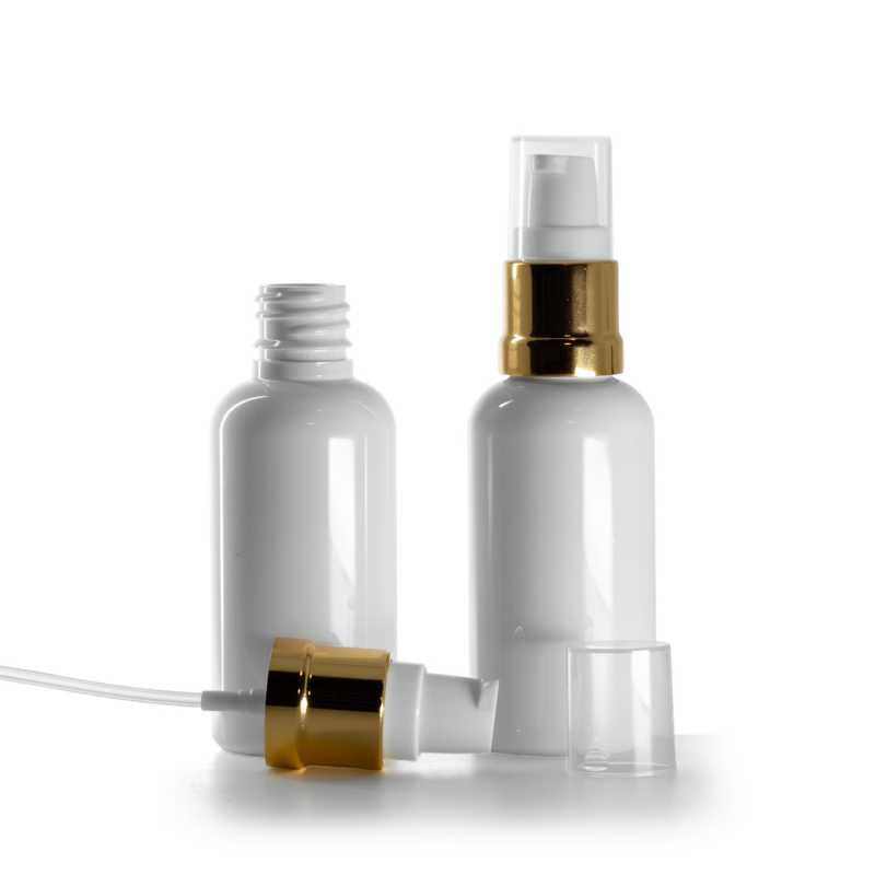 Fehér műanyag flakon fényes fehér-arany pumpával 50 ml