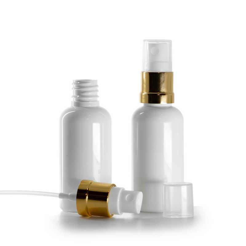 Fehér műanyag flakon, fehér-arany permetező, 50 ml