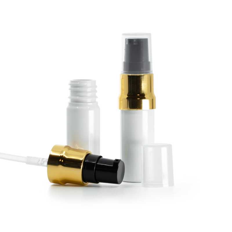 Fehér műanyag palack fényes arany-fekete pumpával és átlátszó kupakkal, 10 ml