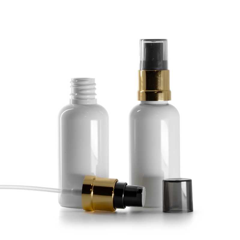 Fehér műanyag palack fényes fekete-arany pumpával, 50 ml