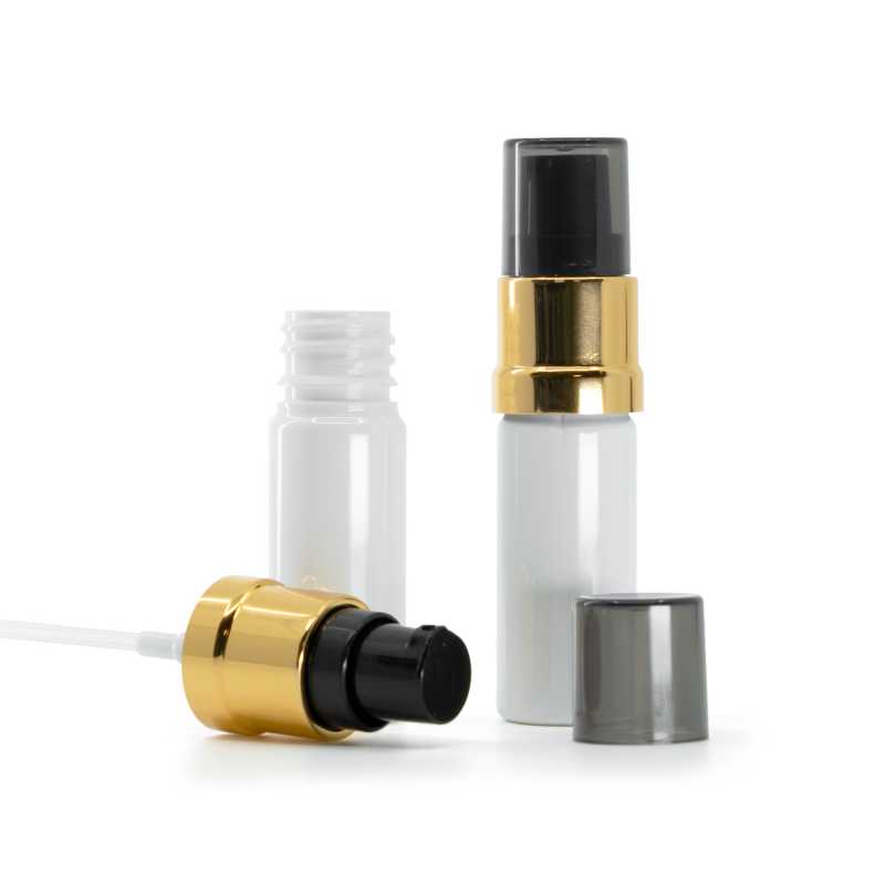 Fehér műanyag flakon, fényes fekete-arany pumpa, 10 ml