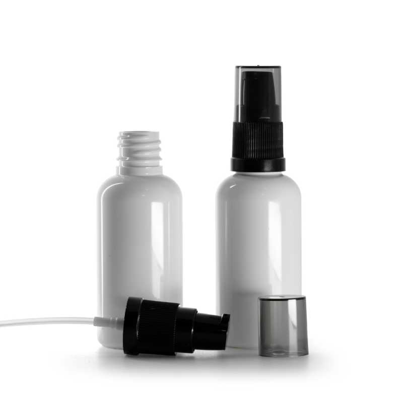 Fehér műanyag üvegcse, fekete krémadagoló füstös felső kupakkal, 50 ml