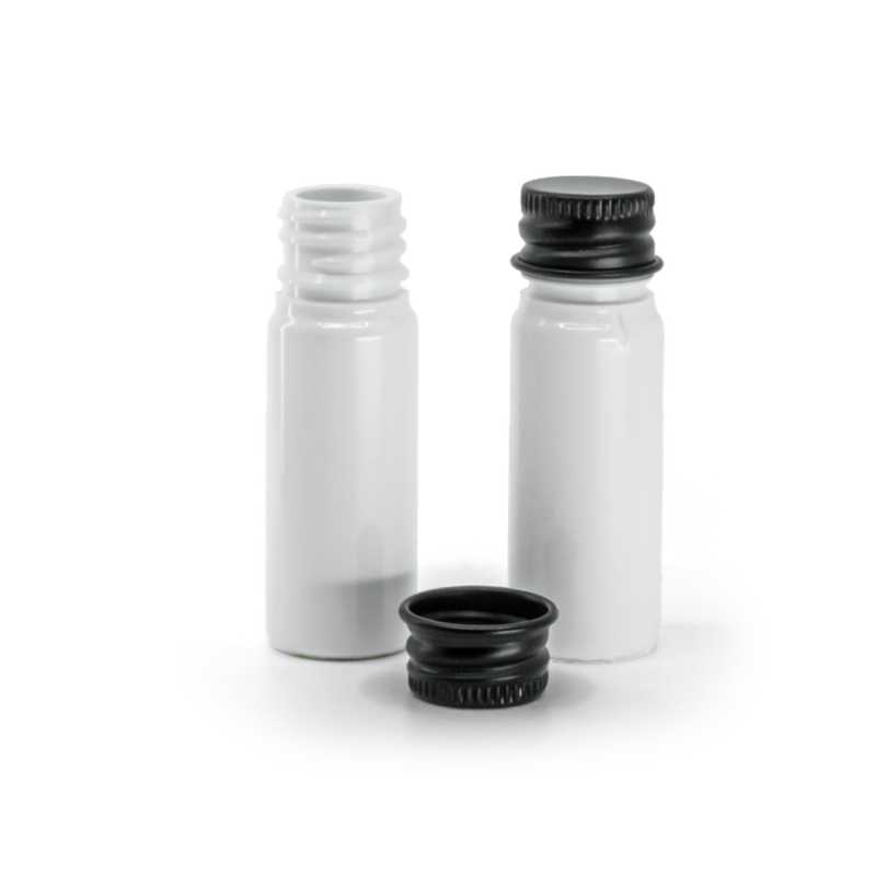 Fehér műanyag palack, fekete alumínium kupak, 10 ml