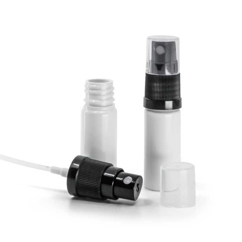 Fehér műanyag flakon, fekete permetezőfej, 10 ml