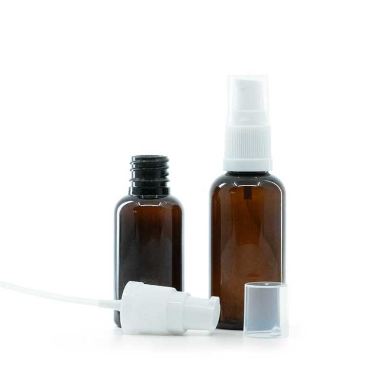 Barna műanyag palack, fehér adagoló, 30 ml