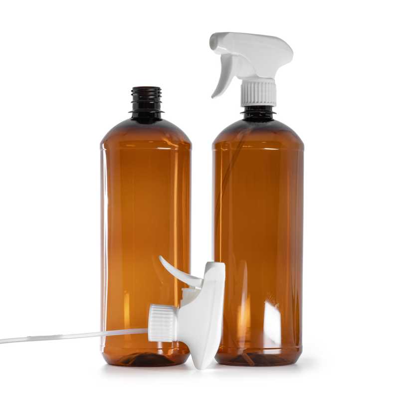 Barna műanyag palack, fehér ravaszos permetező, 1000 ml