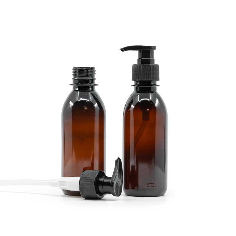 Barna műanyag palack, fekete bordázott adagolópumpa, 200 ml