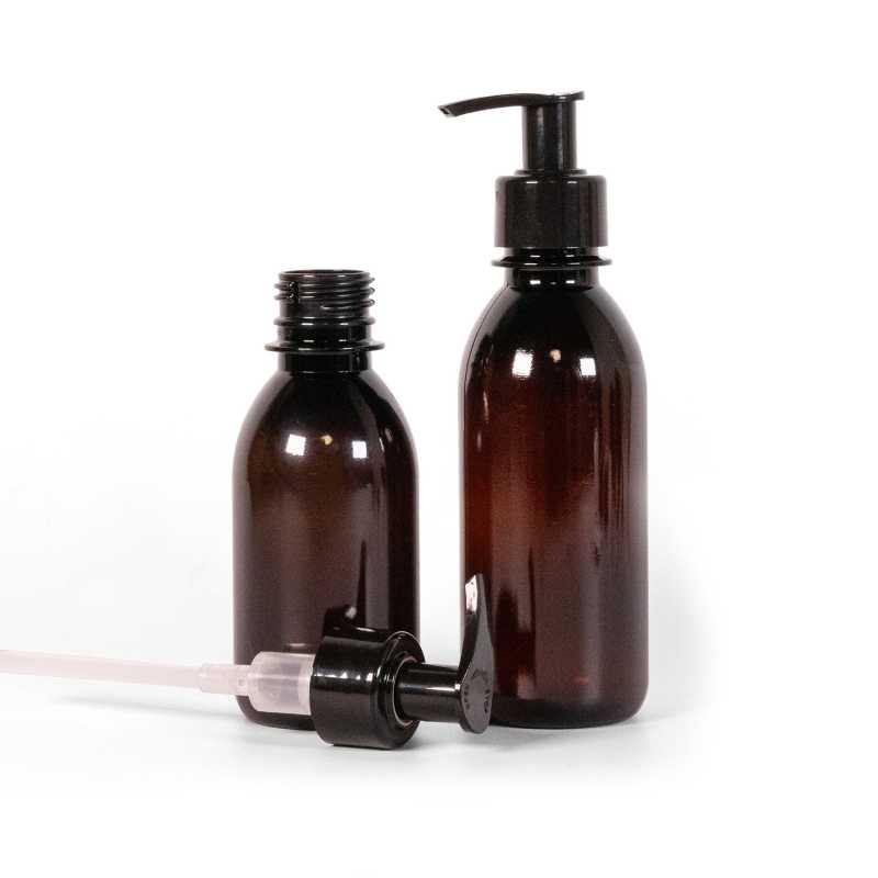 Barna műanyag palack, fekete sima adagoló, 150 ml