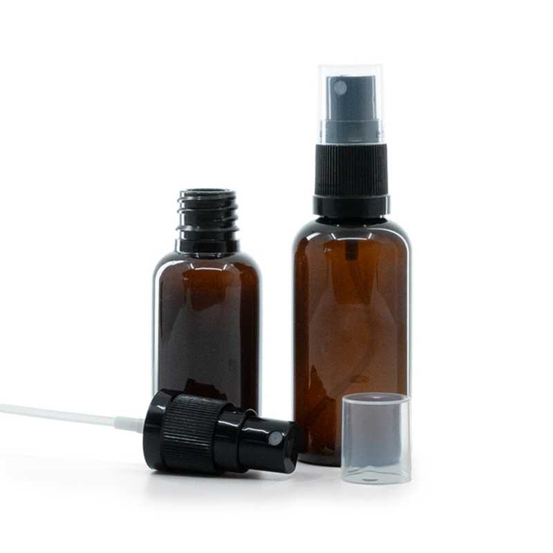Borostyánszínű műanyag palack fekete permetezőfejjel 50 ml