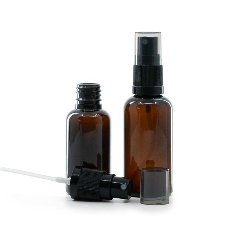 Műanyag üvegcse, fekete finompermetező, füstös felső kupak, 50 ml