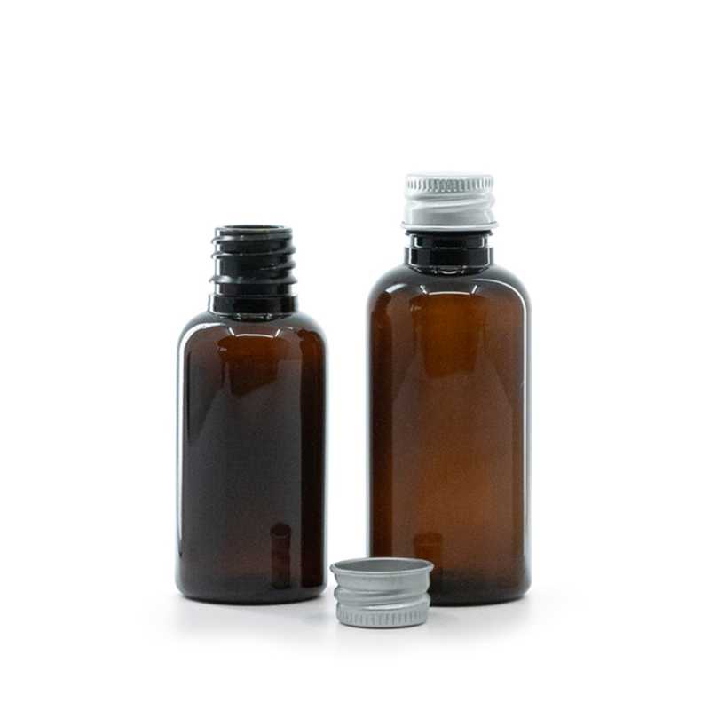 Borostyánszínű műanyag palack, ezüst alumínium kupak, 50 ml