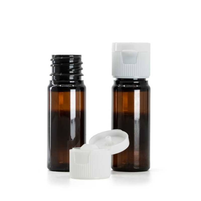 Borostyánszínű műanyag palack 10 ml, fehér flip-top kupak, 18/410