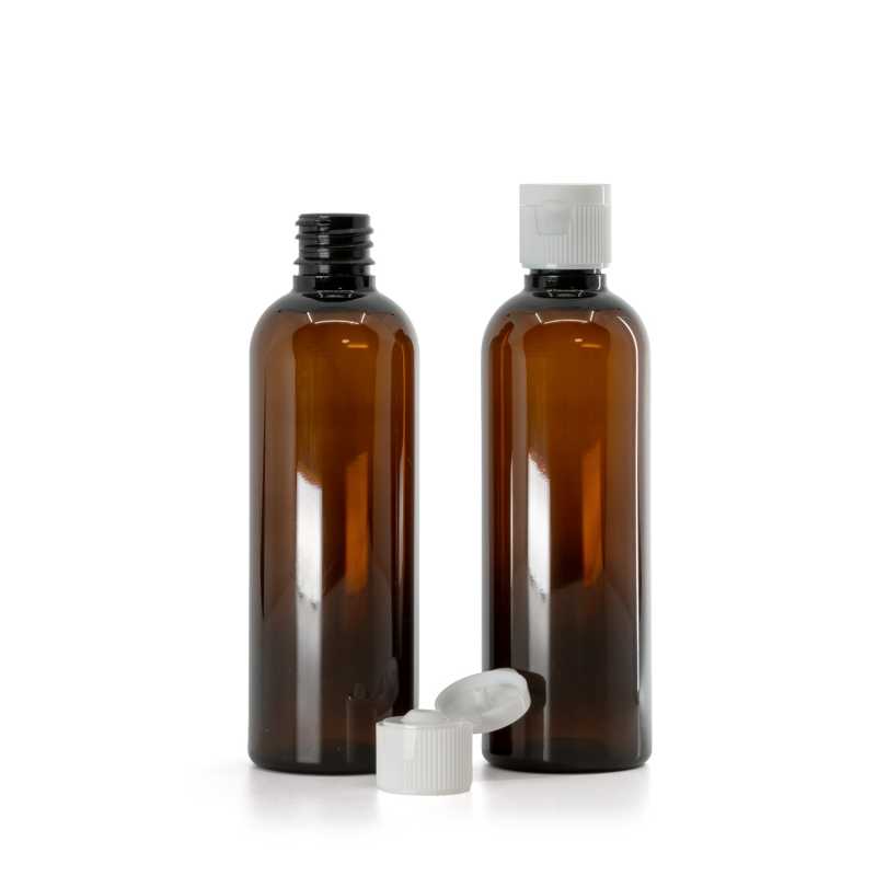 Barna műanyag palack, fehér flip-top kupak, 18/410, 100 ml