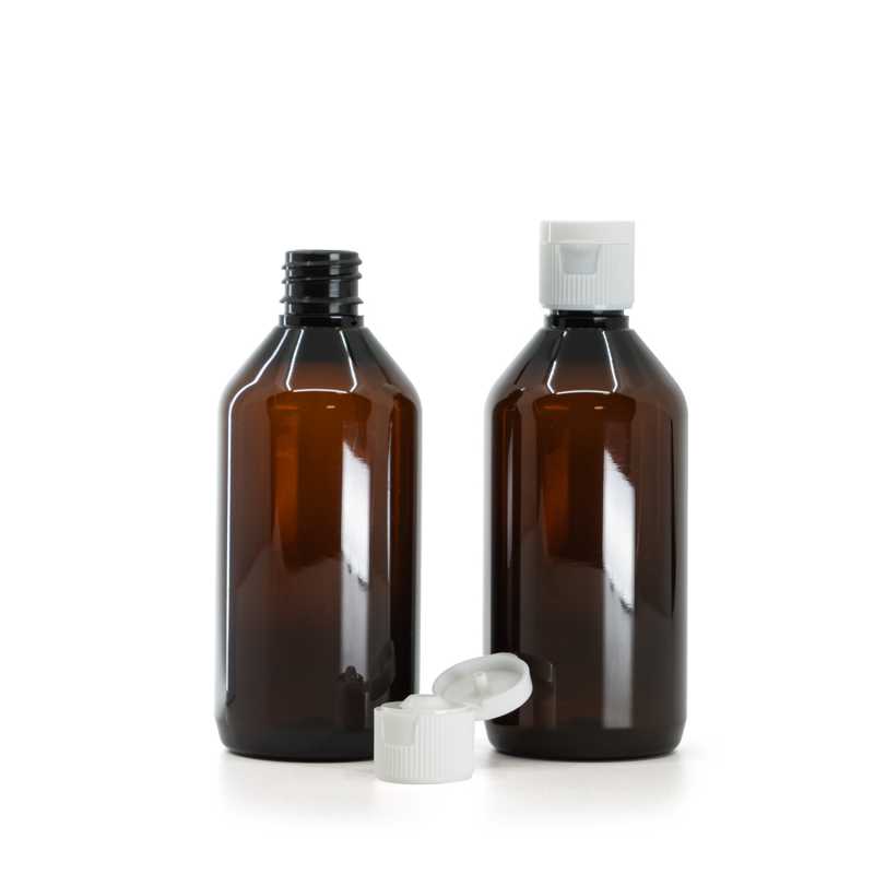 Borostyánszínű műanyag palack, fehér flip-top kupak, 18/410, 115 ml