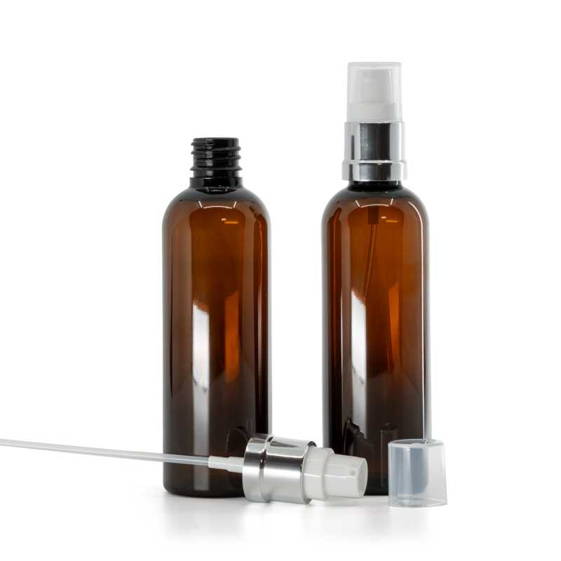 Barna műanyag palack fényes fehér-ezüst adagolóval, 100 ml