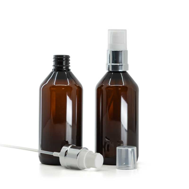 Barna műanyag palack, fényes fehér-ezüst adagoló, 115 ml