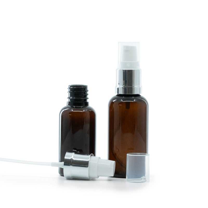 Borostyánszínű műanyag palack fényes fehér-ezüst adagolóval, 30 ml