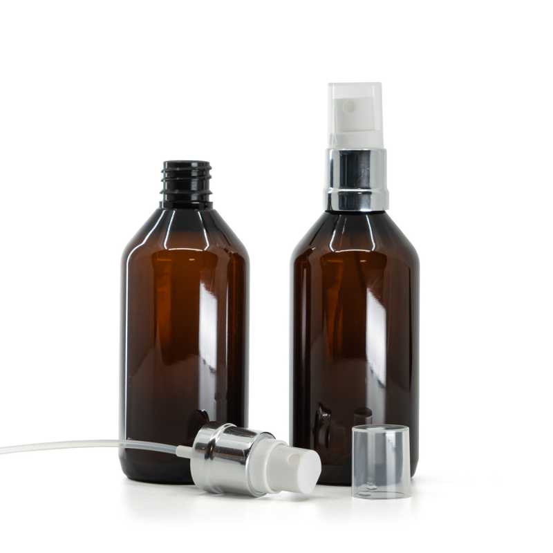 Barna műanyag palack, fehér-ezüst permetezőfej, 115 ml