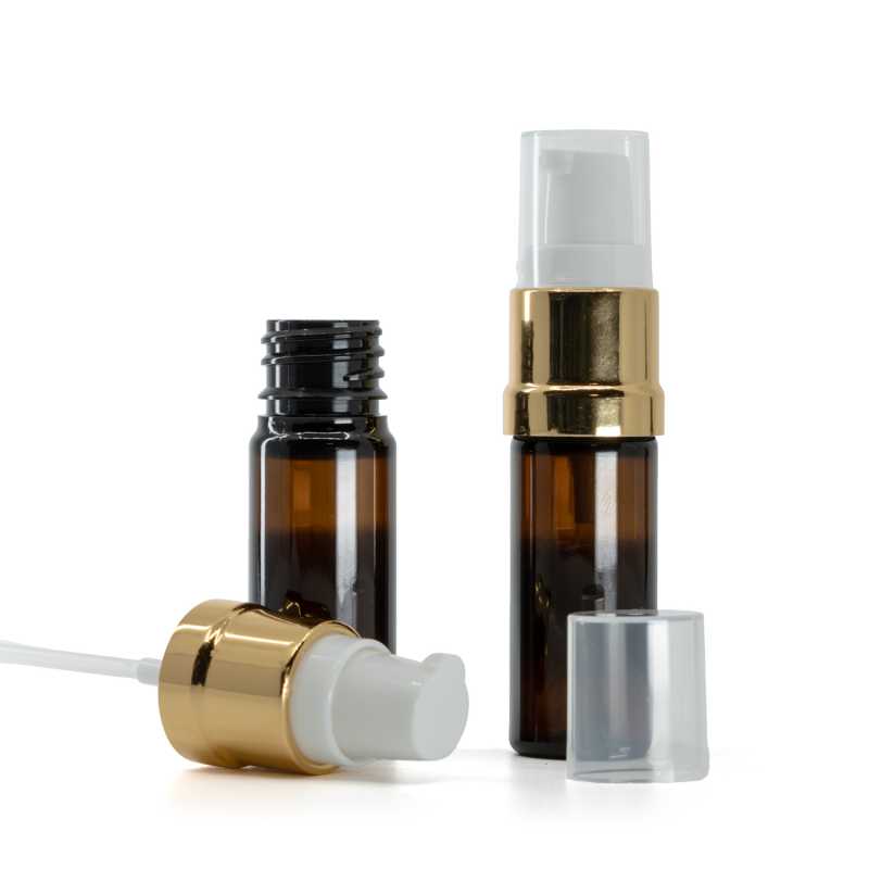 Barna műanyag palack fényes fehér-arany adagolóval, 10 ml