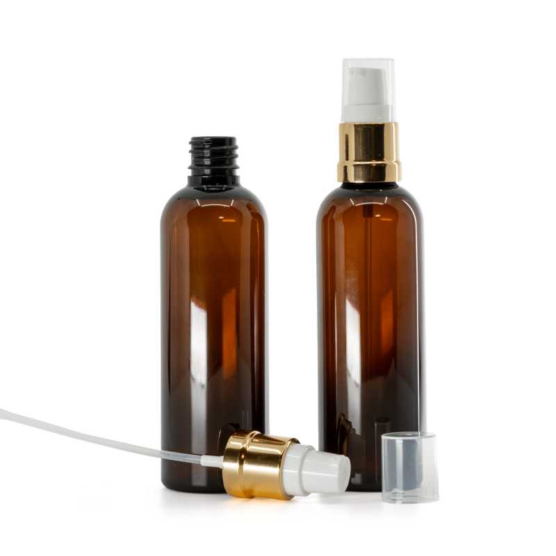Barna műanyag palack, fényes fehér-arany adagoló, 100 ml