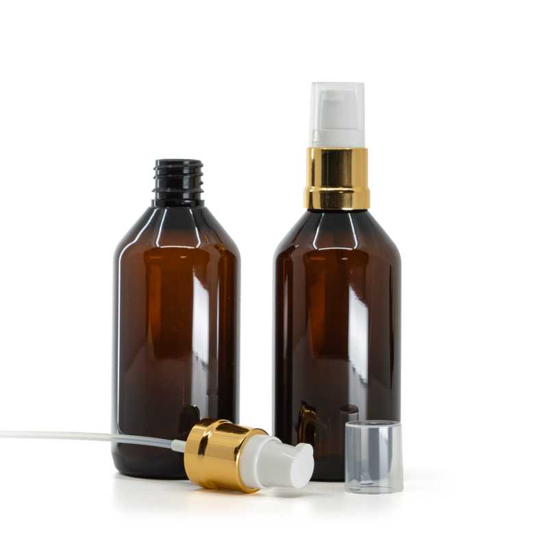 Barna műanyag palack, fényes fehér-arany adagoló, 115 ml