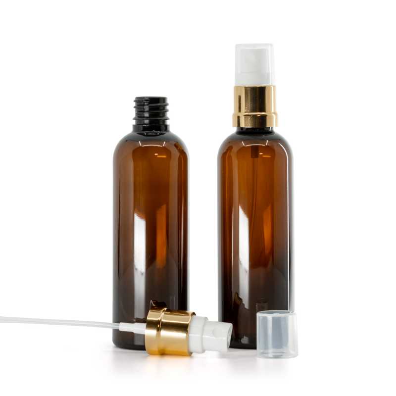 Barna műanyag palack, fehér-arany permetező, 100 ml