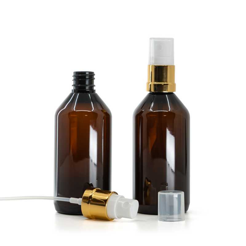 Barna műanyag palack fehér-arany permetezővel, 115 ml