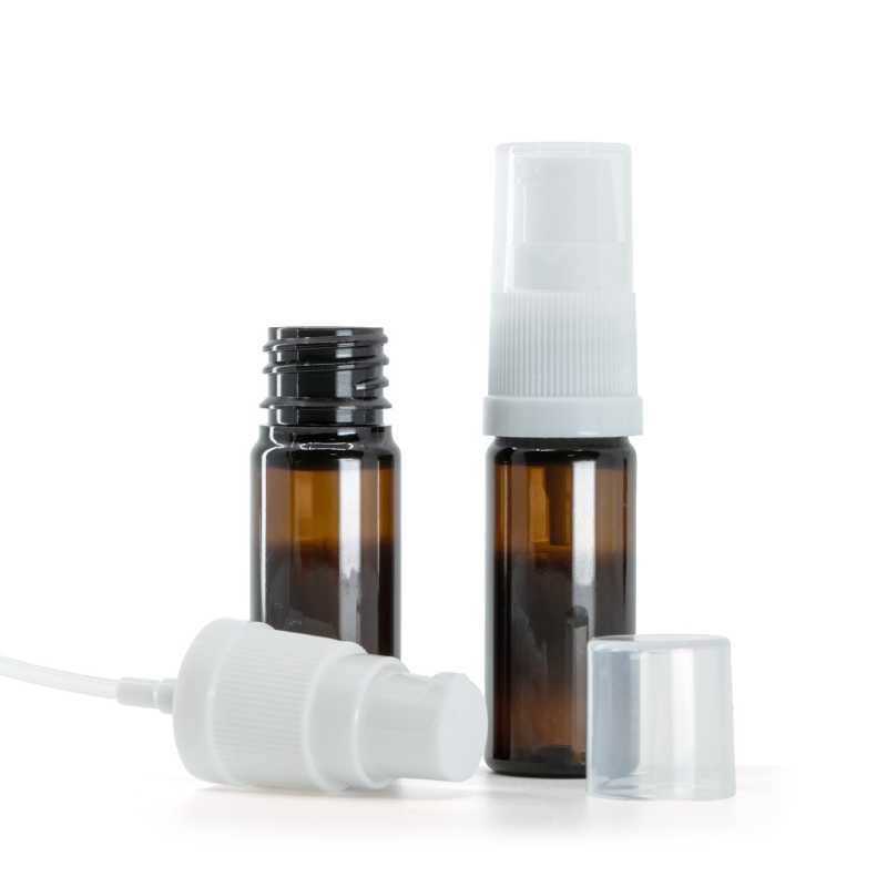 Borostyánsárga műanyag flakon fehér adagolófejjel, 10 ml