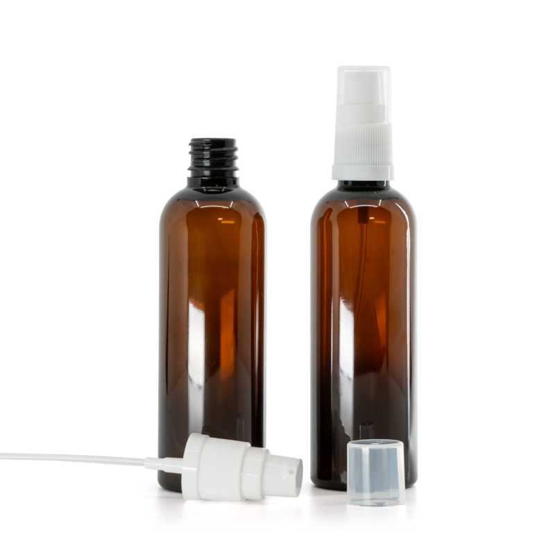 Borostyánszínű műanyag palack fehér adagolóval, 100 ml