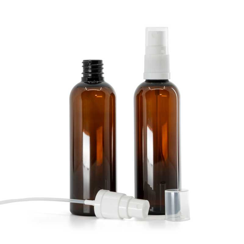 Barna műanyag palack fehér permetezőfejjel 100 ml