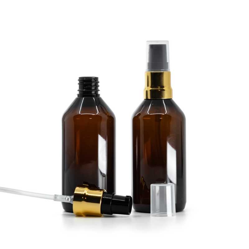 Barna műanyag palack fekete-arany fényes pumpával és átlátszó kupakkal, 115 ml