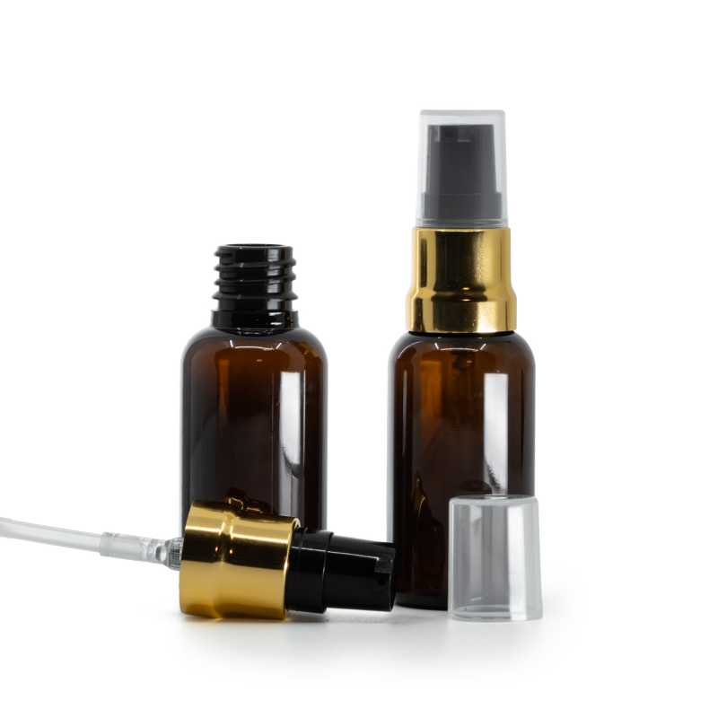 Barna műanyag palack, fekete-arany fényes pumpa átlátszó kupakkal, 30 ml