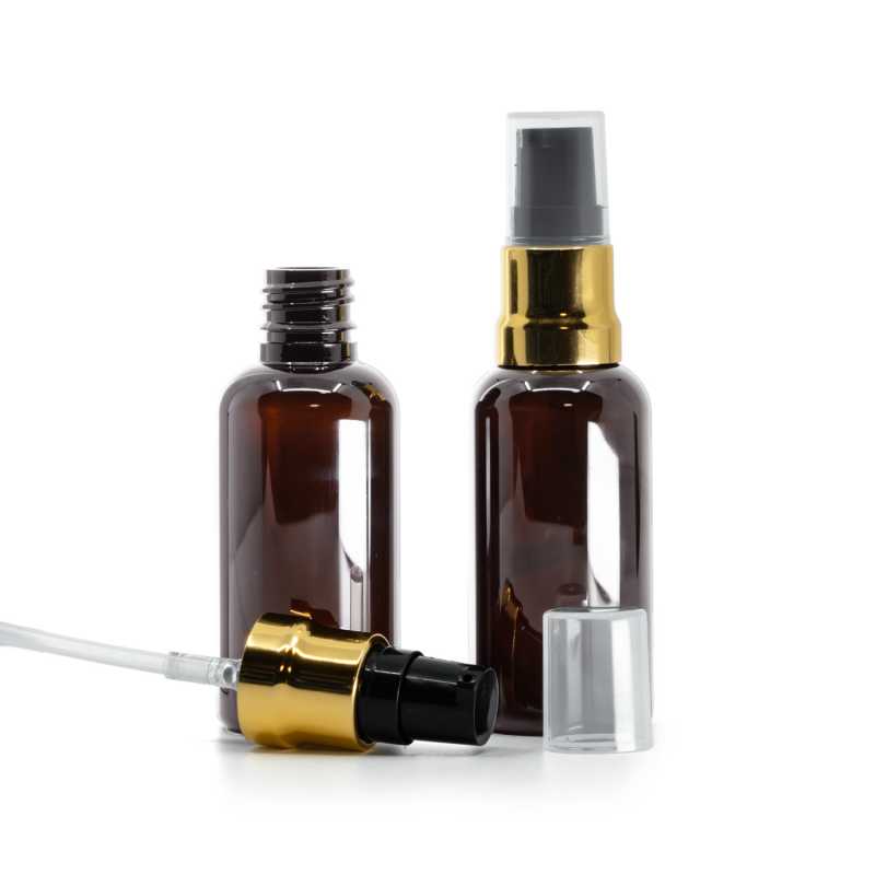 Barna műanyag palack fekete-arany fényes adagoló pumpával és átlátszó kupakkal, 50 ml