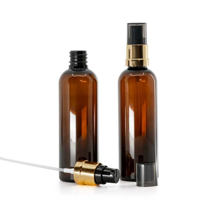 Barna műanyag palack, fényes fekete-arany adagoló, 100 ml