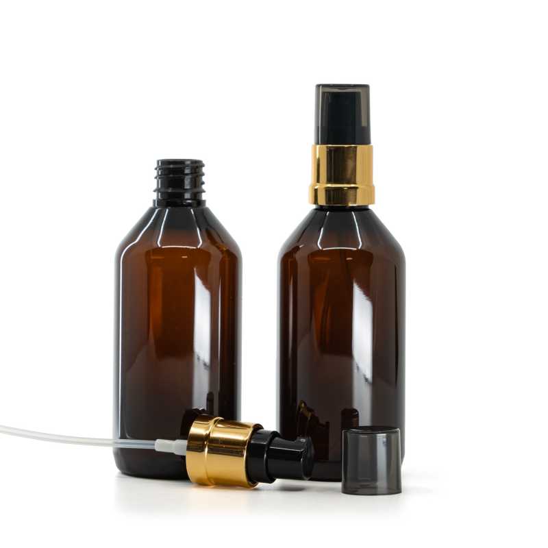 Borostyánszínű műanyag palack fekete-arany, fényes adagolóval, 115 ml