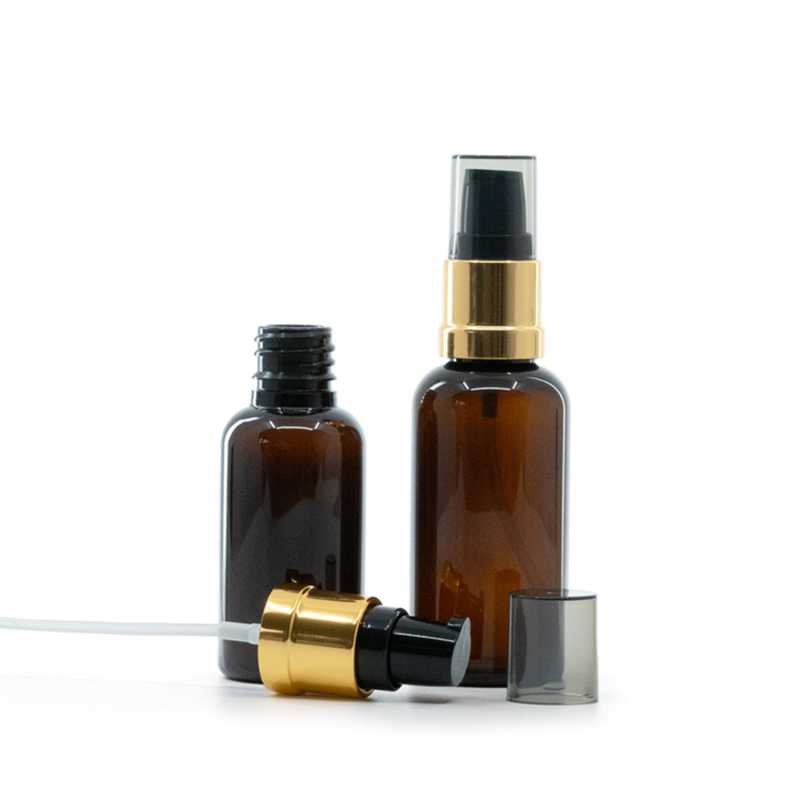 Barna műanyag üvegcse, fekete‑arany fényes pumpa füstös felső kupakkal, 30 ml