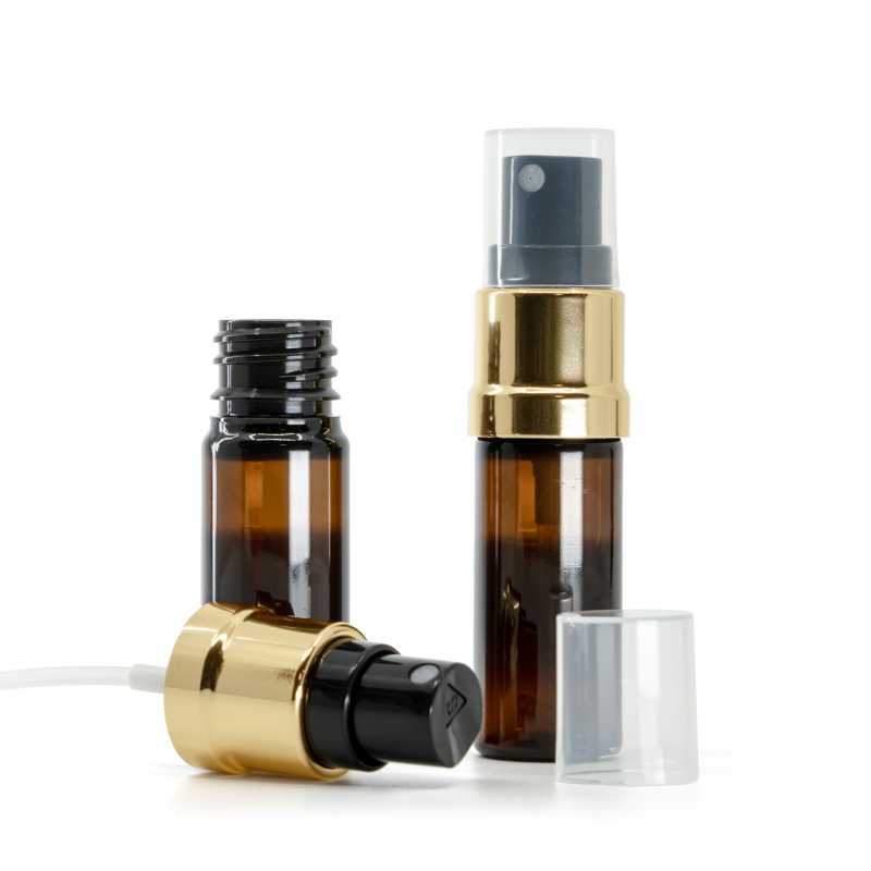 Borostyánszínű műanyag palack fekete-arany permetezővel, 10 ml