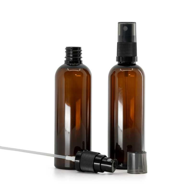 Barna műanyag flakon, permetező, füstös kupak, 100 ml