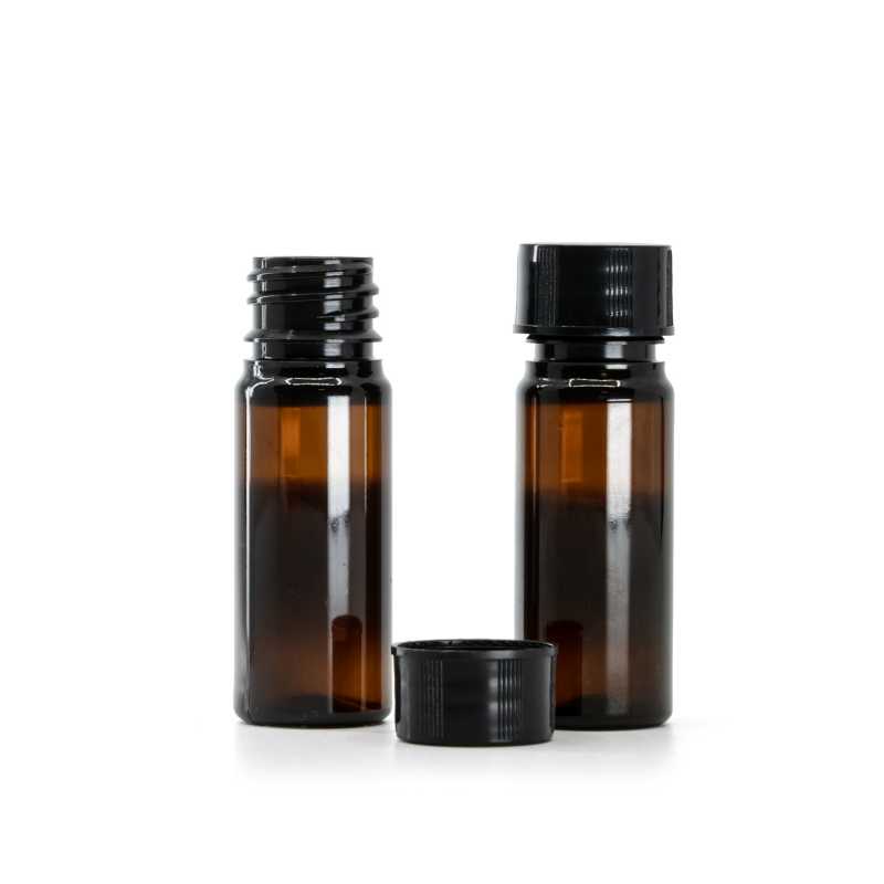 Borostyánsárga műanyag palack fekete kupakkal 10 ml
