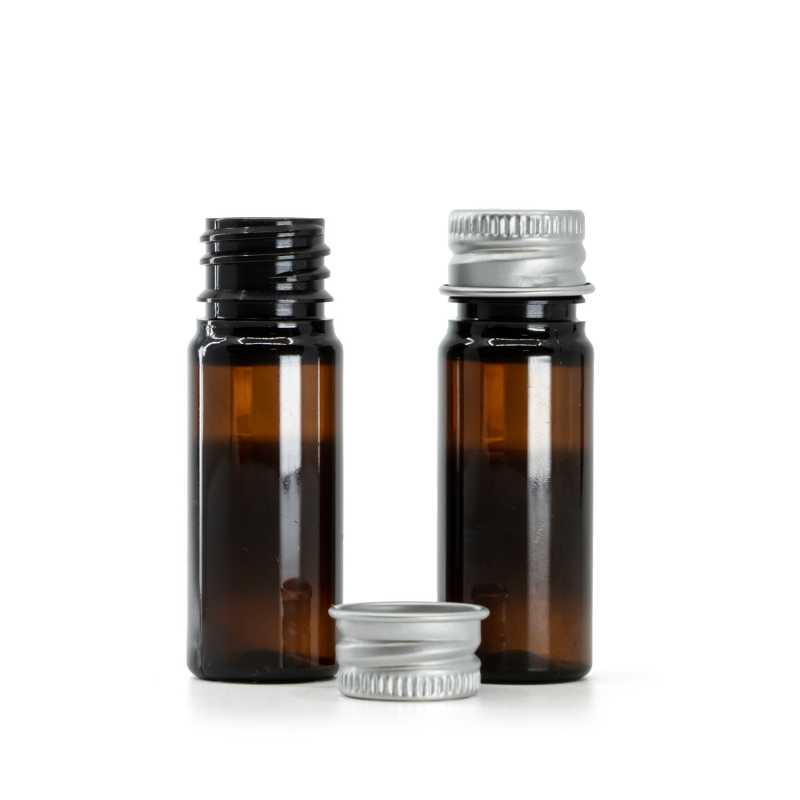 Flakon, műanyag, barna, alumíniumkupak ezüst, 10 ml