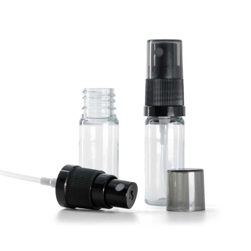 Műanyag üvegcse, átlátszó, fekete finompermetező, füstös felső kupak, 10 ml
