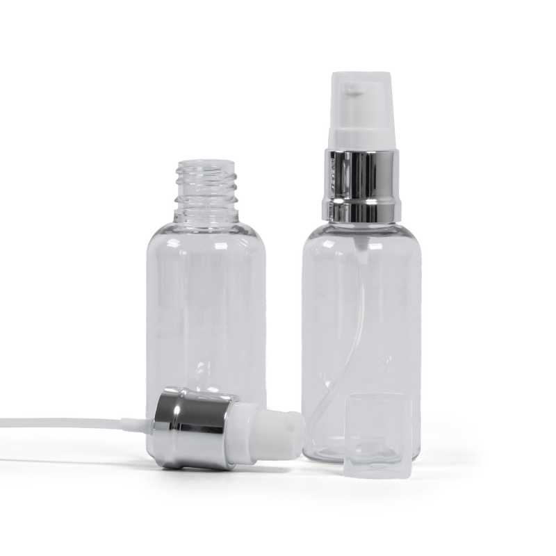Átlátszó műanyag palack fényes fehér-ezüst adagolóval, 50 ml