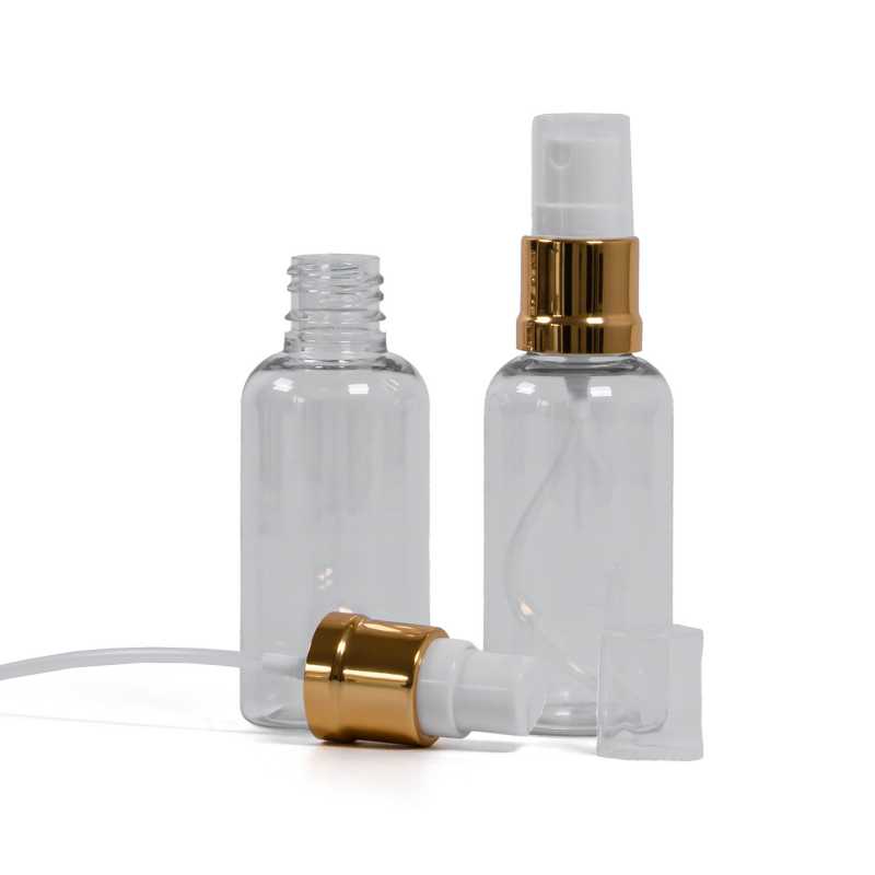 Átlátszó műanyag flakon fehér-arany permetezőfejjel 50 ml