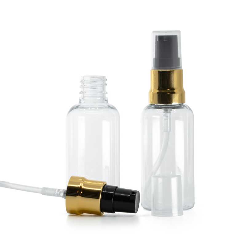 Átlátszó műanyag palack fényes fekete‑arany adagolófejjel és átlátszó kupakkal, 50 ml