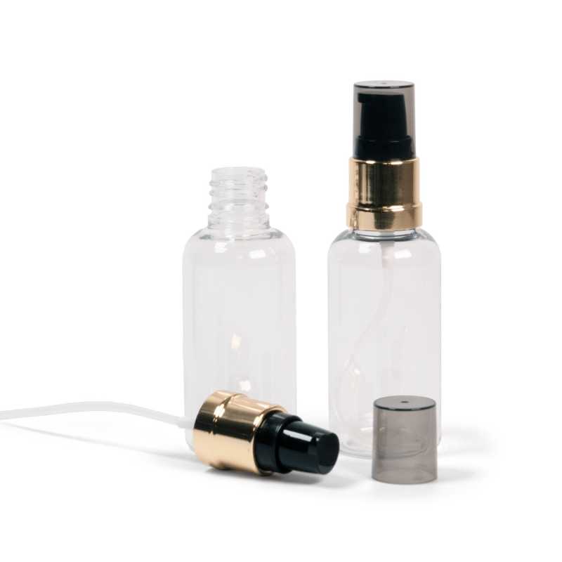 Átlátszó műanyag palack fekete-arany fényes pumpával, 50 ml