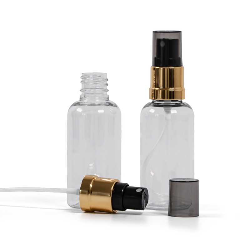 Átlátszó műanyag palack, fekete-arany permetező, füstös kupak, 50 ml