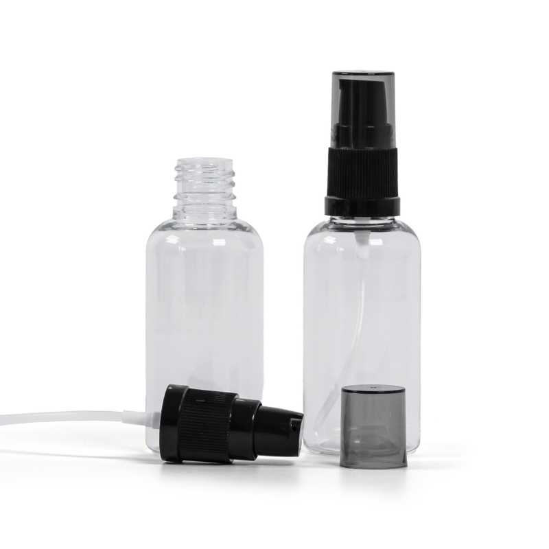 Átlátszó műanyag üvegcse, fekete krémadagoló füstös felső kupakkal, 50 ml