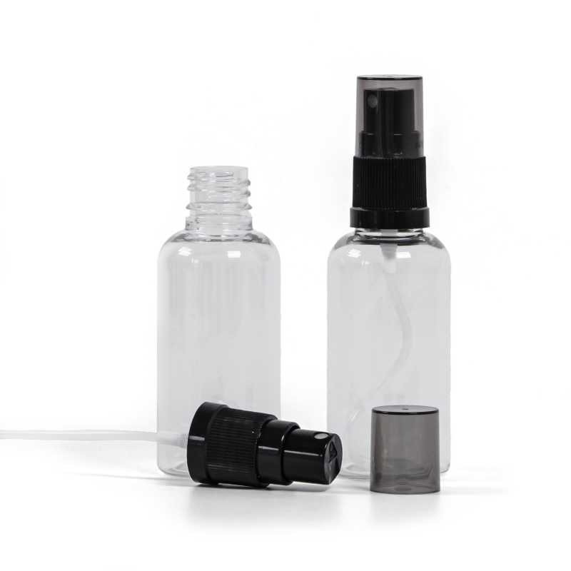 Átlátszó műanyag üvegcse, fekete finompermetező, füstös felső kupak, 50 ml